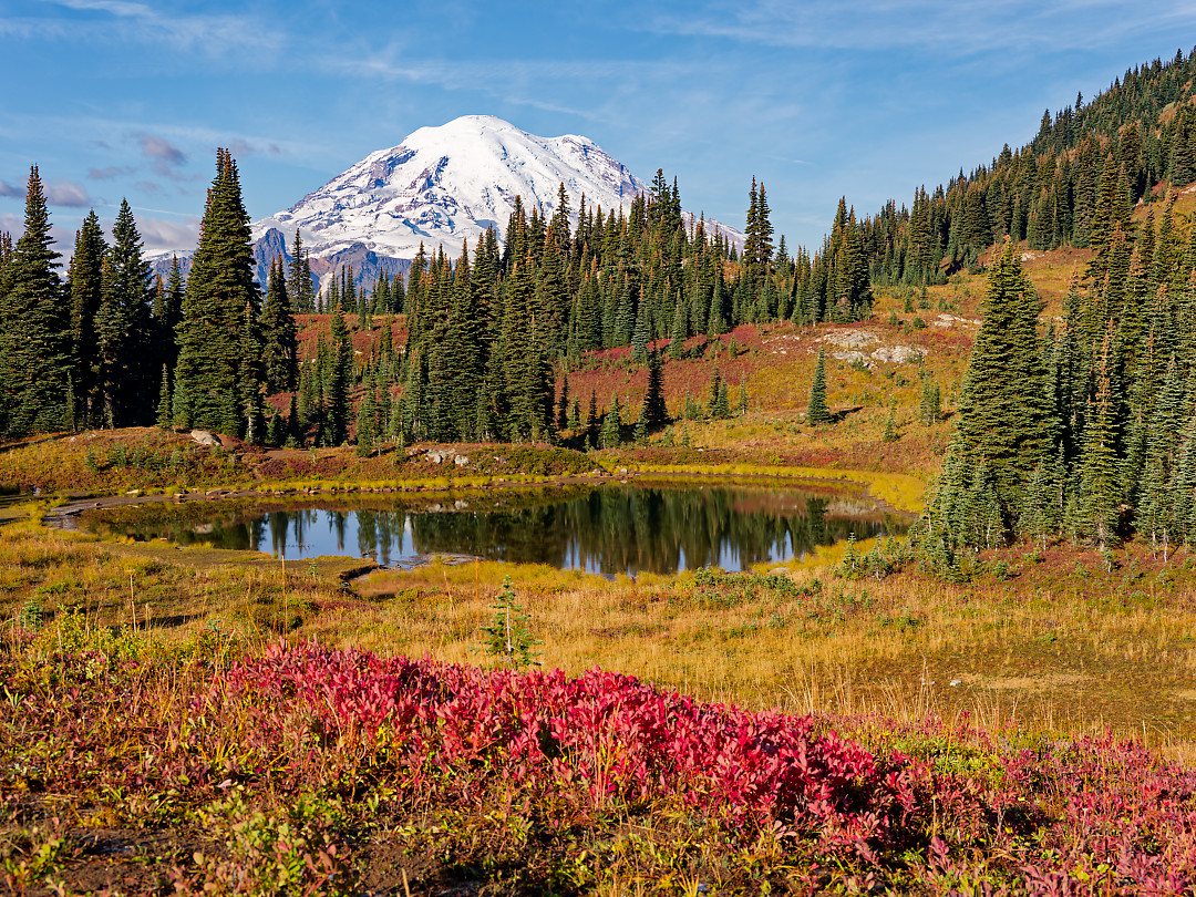 Above: Rainier above the tarn on Naches.