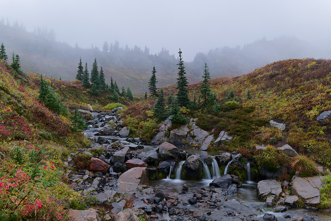 Above: View from above Myrtle Falls, Rainier is top of the frame if you imagine hard enough.