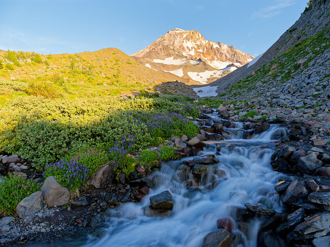 Above: Glacier fed stream on the Northwest slopes of Hood just below McNeil Point.