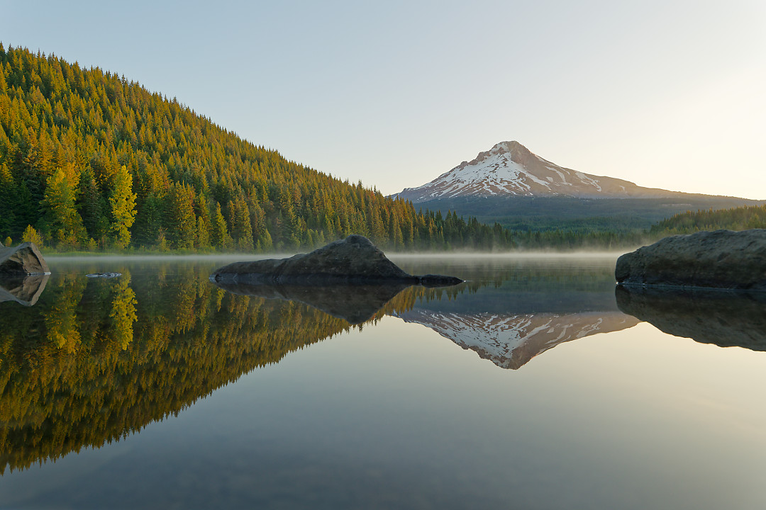 Above: Mount Hood from Trillium Lake, with a rock that looks like a mini Mt. Hood.