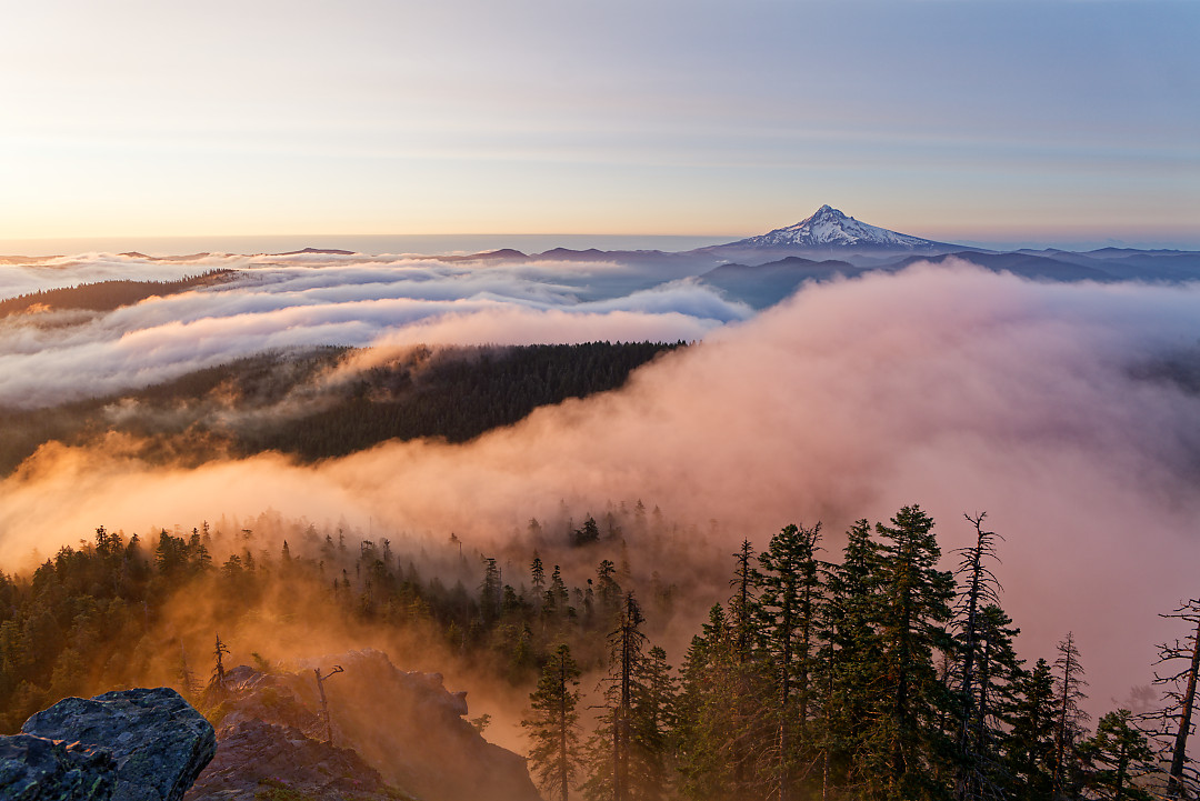 Above: Mount Hood from Larch Mountain on Father’s Day. Possibly my favorite sunrise ever. The sky had some wonderful color to the NOrth towards Adams this morning with some great pinks/reds/oranges, but the real show was after the sun came up and the yellow/orange/pink shifted to the fog gliding across Cascades below me.